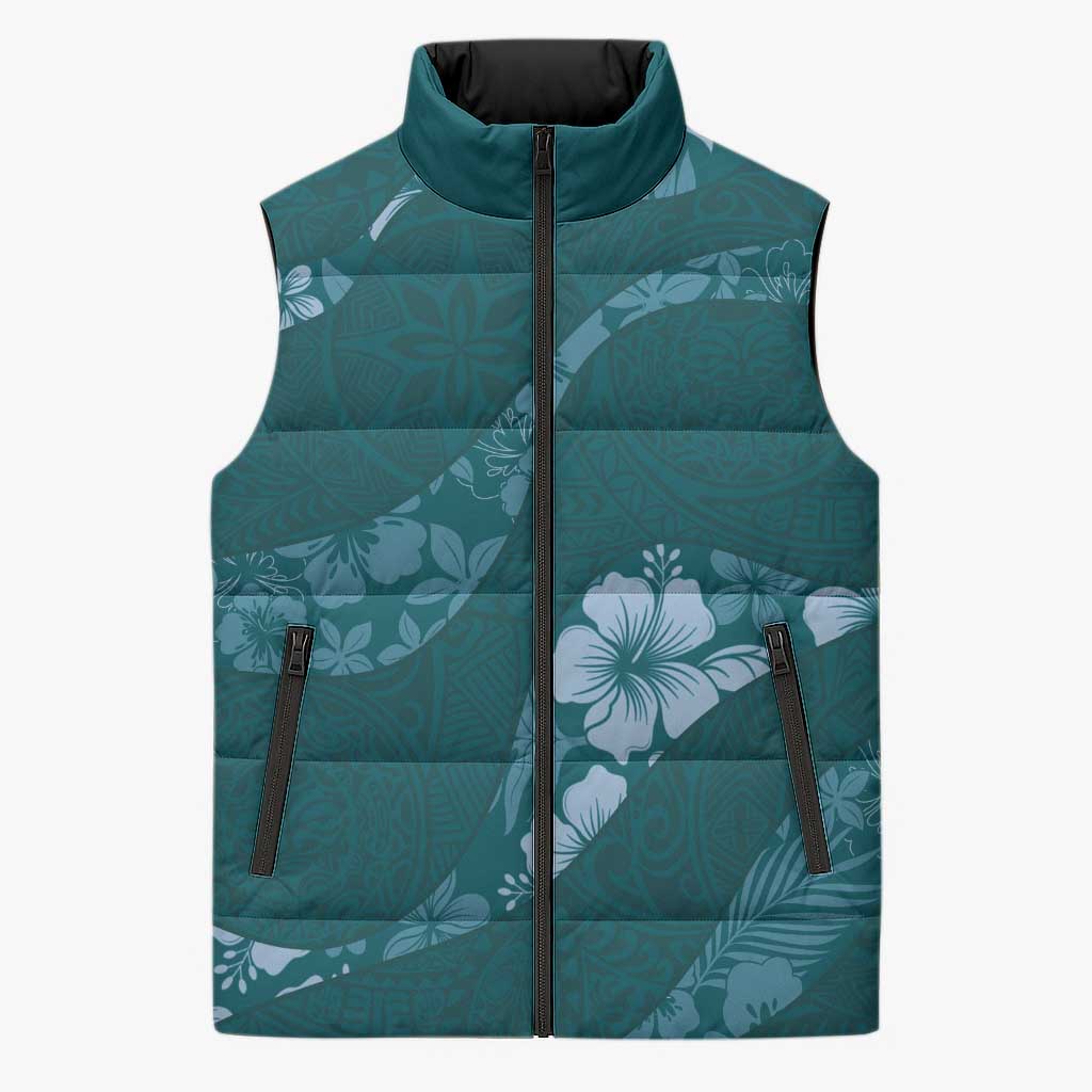 Aloha Hawaii Floral Tapa Sleeveless Puffer Jacket Patchwork Teal - Polynesian Pride