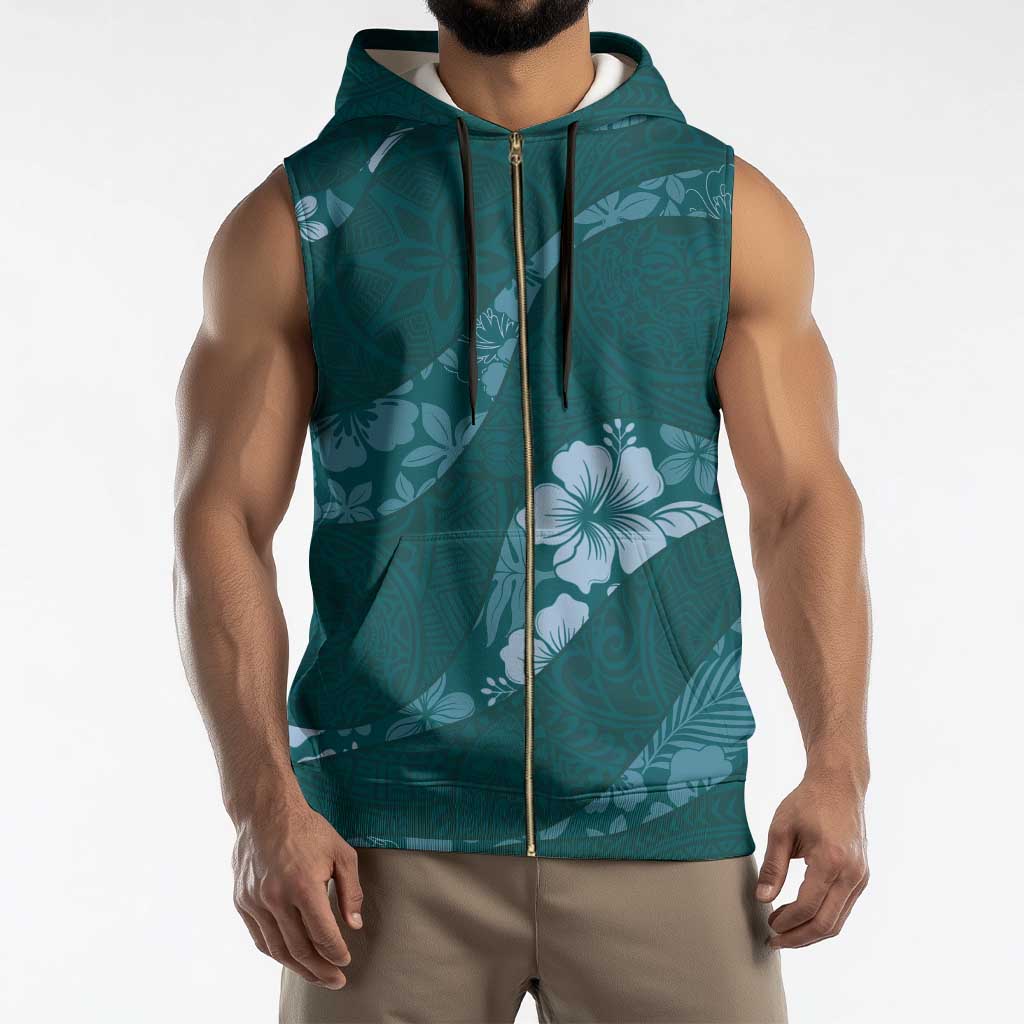 Aloha Hawaii Floral Tapa Sleeveless Zip Hoodie Patchwork Teal - Polynesian Pride