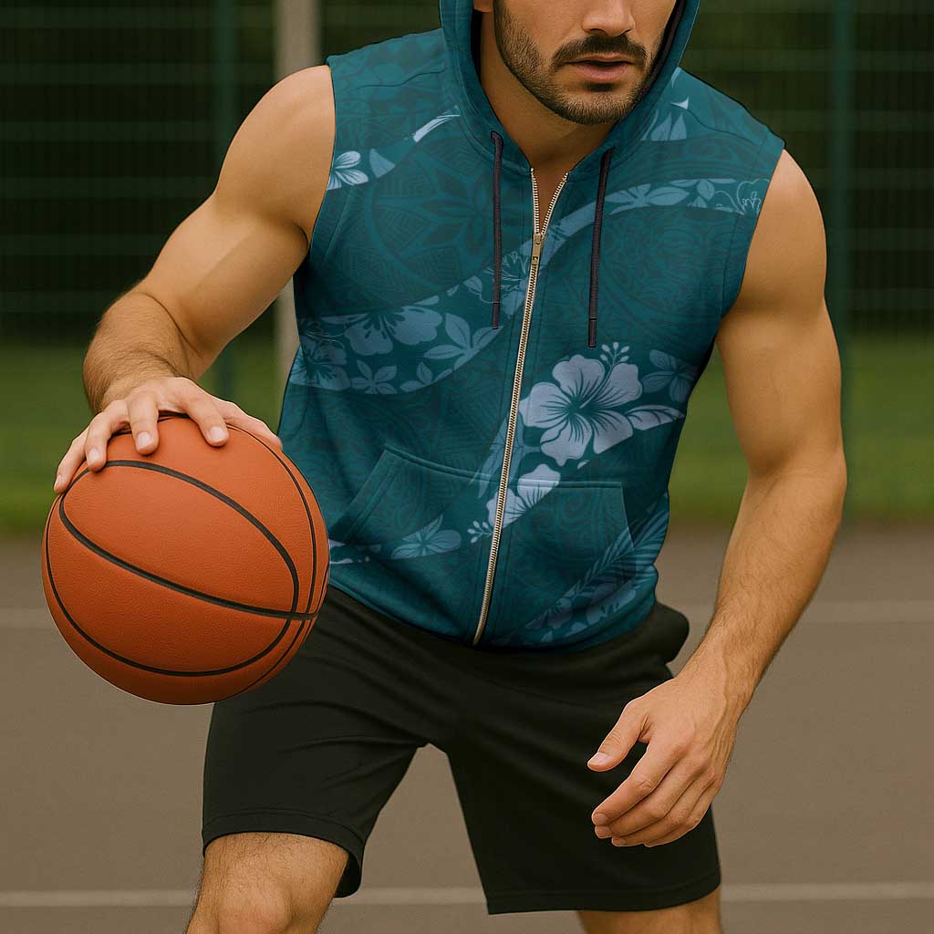 Aloha Hawaii Floral Tapa Sleeveless Zip Hoodie Patchwork Teal - Polynesian Pride