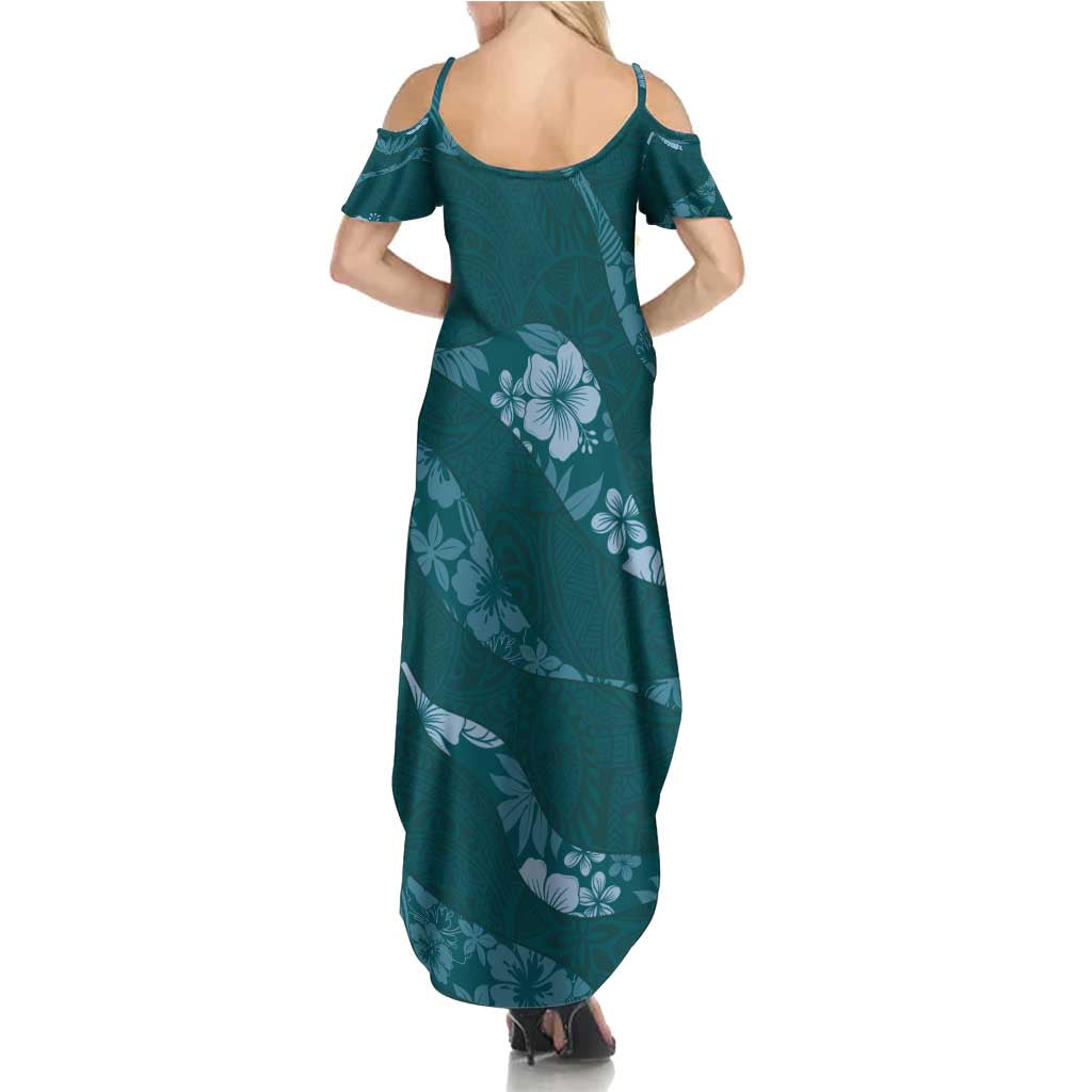 Aloha Hawaii Floral Tapa Summer Maxi Dress Patchwork Teal - Polynesian Pride