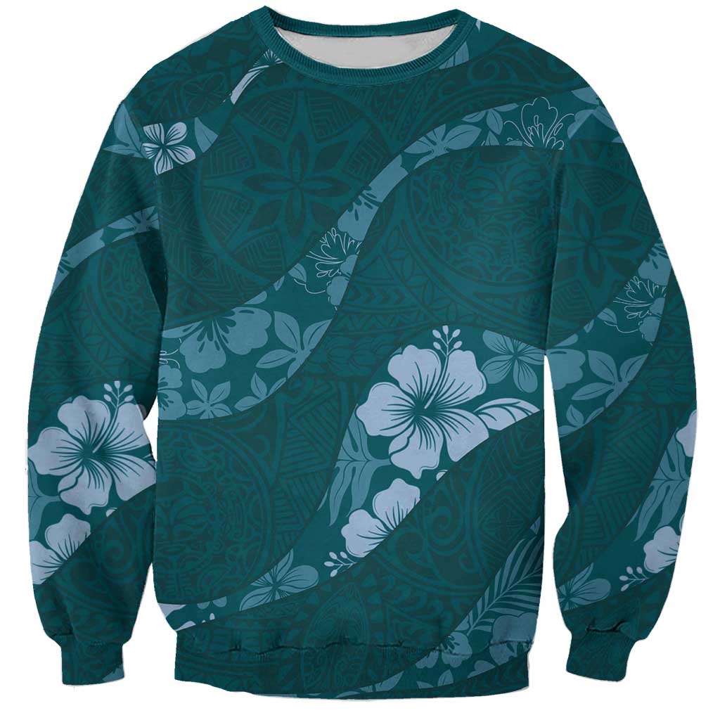 Aloha Hawaii Floral Tapa Sweatshirt Patchwork Teal - Polynesian Pride