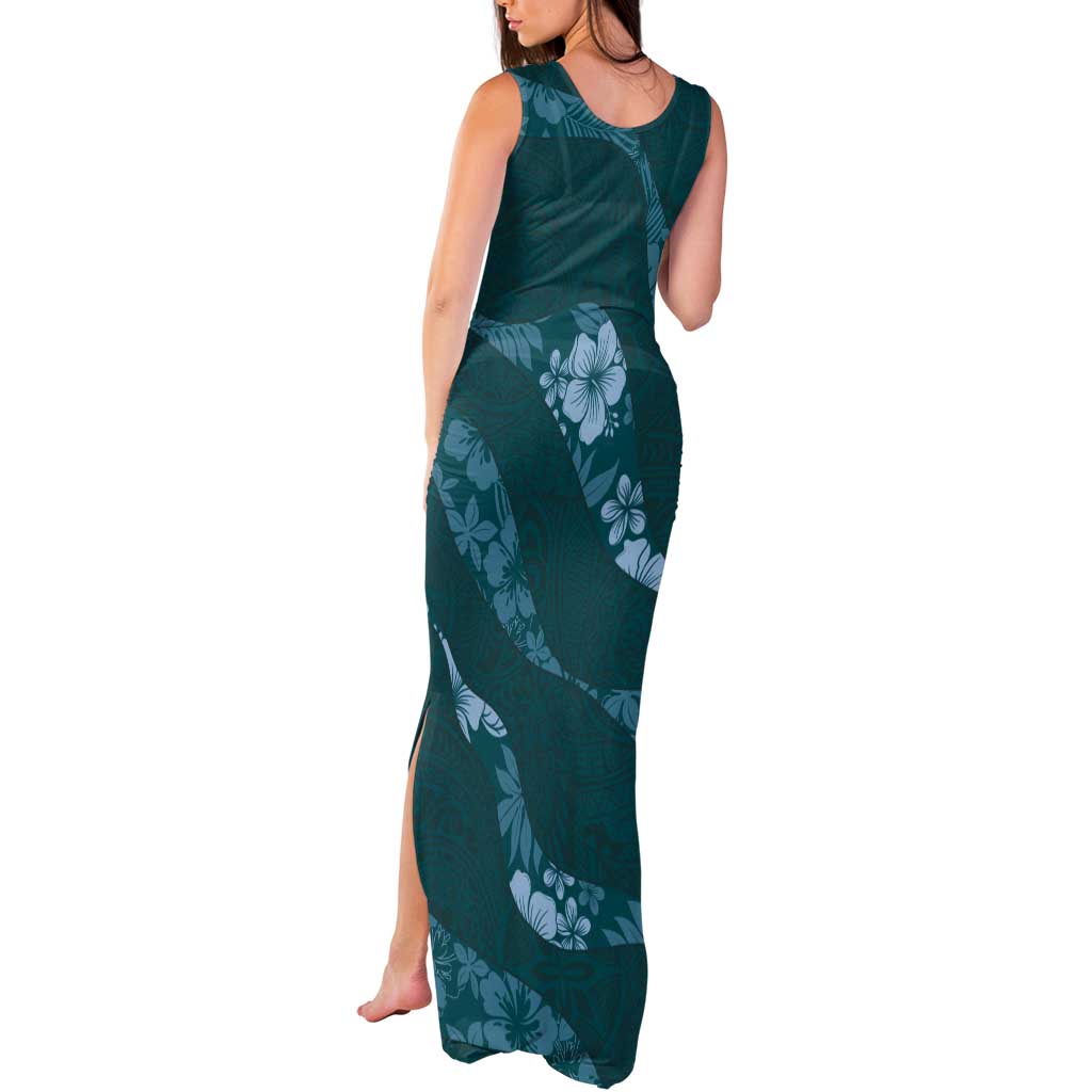 Aloha Hawaii Floral Tapa Tank Maxi Dress Patchwork Teal - Polynesian Pride