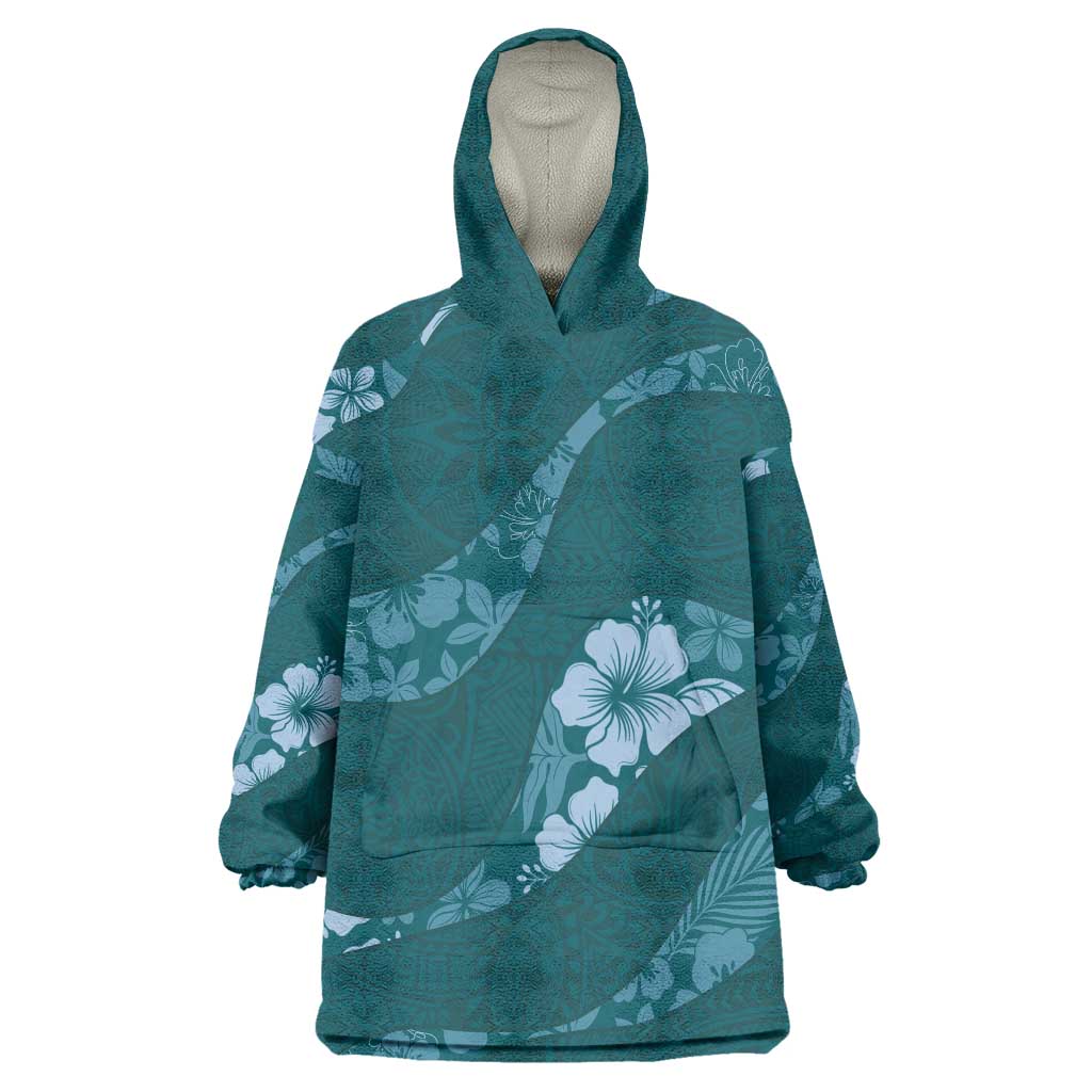 Aloha Hawaii Floral Tapa Wearable Blanket Hoodie Patchwork Teal - Polynesian Pride