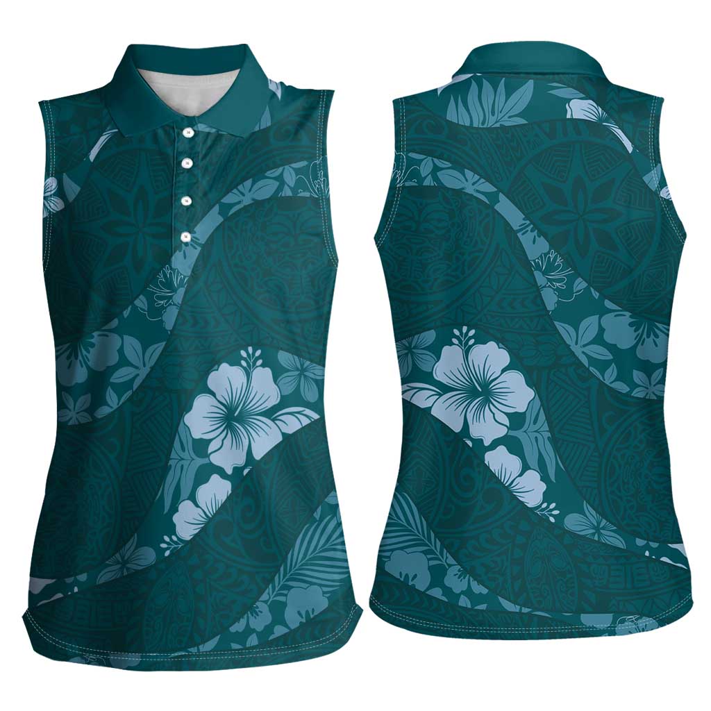 Aloha Hawaii Floral Tapa Women Sleeveless Polo Shirt Patchwork Teal - Polynesian Pride