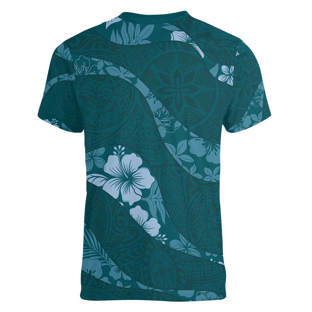 Aloha Hawaii Floral Tapa Women V-Neck T-Shirt Patchwork Teal - Polynesian Pride