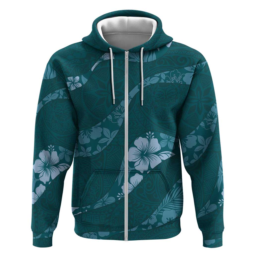 Aloha Hawaii Floral Tapa Zip Hoodie Patchwork Teal - Polynesian Pride
