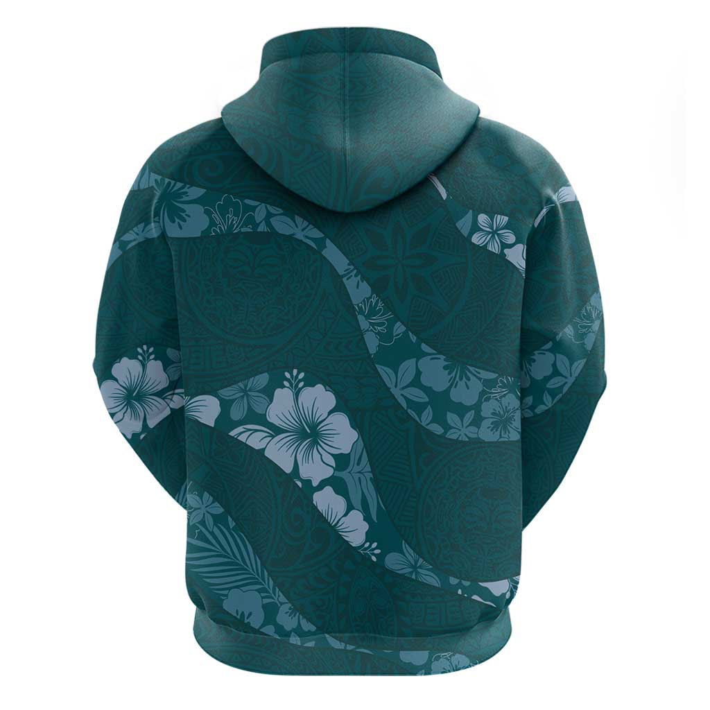 Aloha Hawaii Floral Tapa Zip Hoodie Patchwork Teal - Polynesian Pride