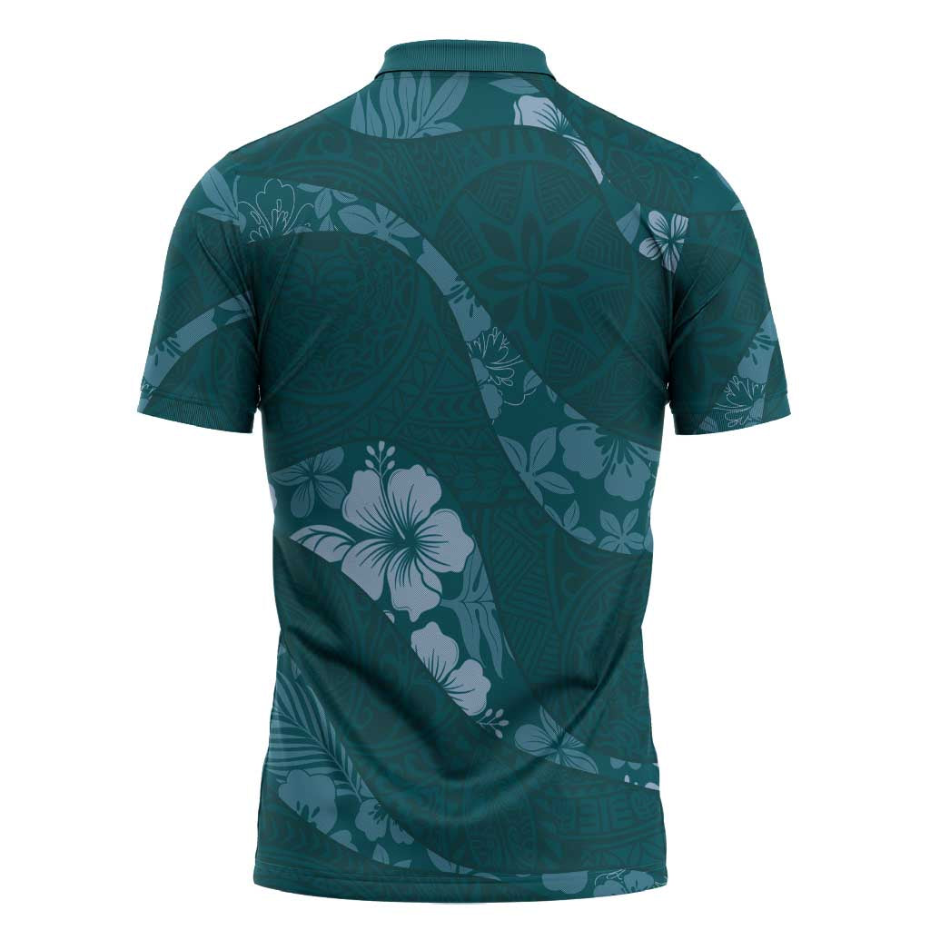 Aloha Hawaii Floral Tapa Zipper Polo Shirt Patchwork Teal - Polynesian Pride
