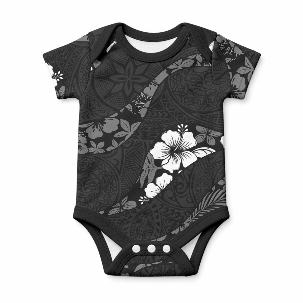 Aloha Hawaii Floral Tapa Baby Onesie Patchwork Charcoal
