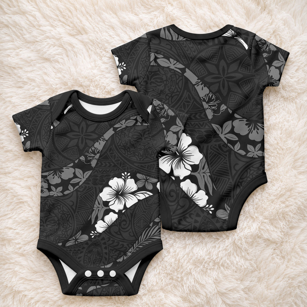 Aloha Hawaii Floral Tapa Baby Onesie Patchwork Charcoal