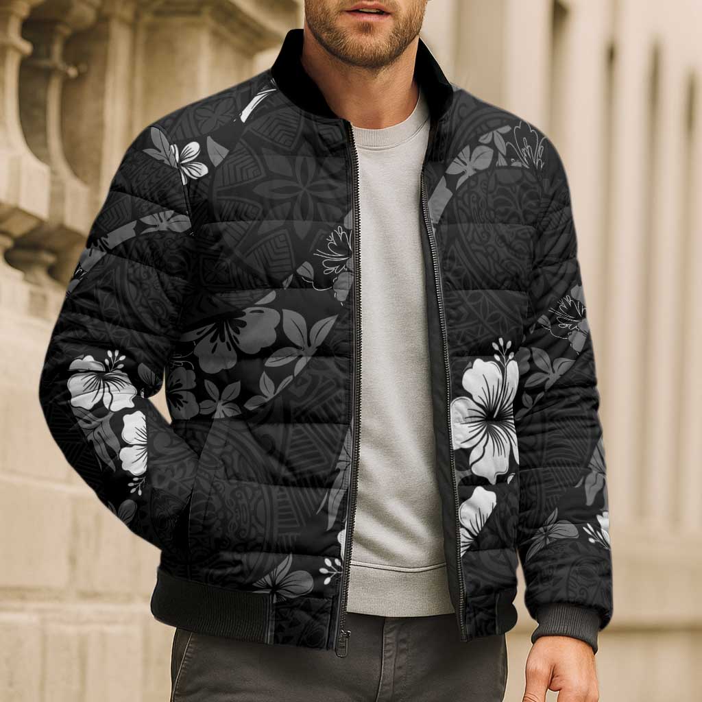 Aloha Hawaii Floral Tapa Bomber Puffer Jacket Patchwork Charcoal - Polynesian Pride