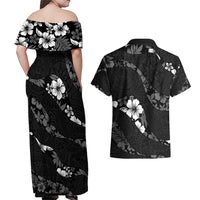 Aloha Hawaii Floral Tapa Couples Matching Off Shoulder Maxi Dress and Hawaiian Shirt Patchwork Charcoal - Polynesian Pride