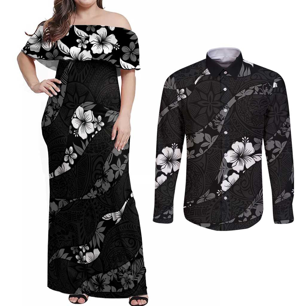 Aloha Hawaii Floral Tapa Couples Matching Off Shoulder Maxi Dress and Long Sleeve Button Shirt Patchwork Charcoal - Polynesian Pride