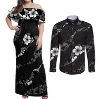 Aloha Hawaii Floral Tapa Couples Matching Off Shoulder Maxi Dress and Long Sleeve Button Shirt Patchwork Charcoal - Polynesian Pride