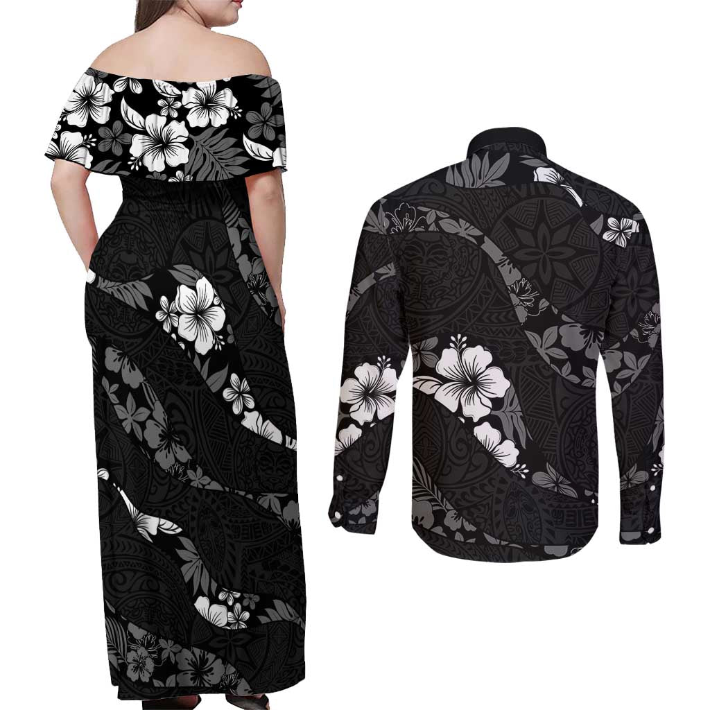 Aloha Hawaii Floral Tapa Couples Matching Off Shoulder Maxi Dress and Long Sleeve Button Shirt Patchwork Charcoal - Polynesian Pride