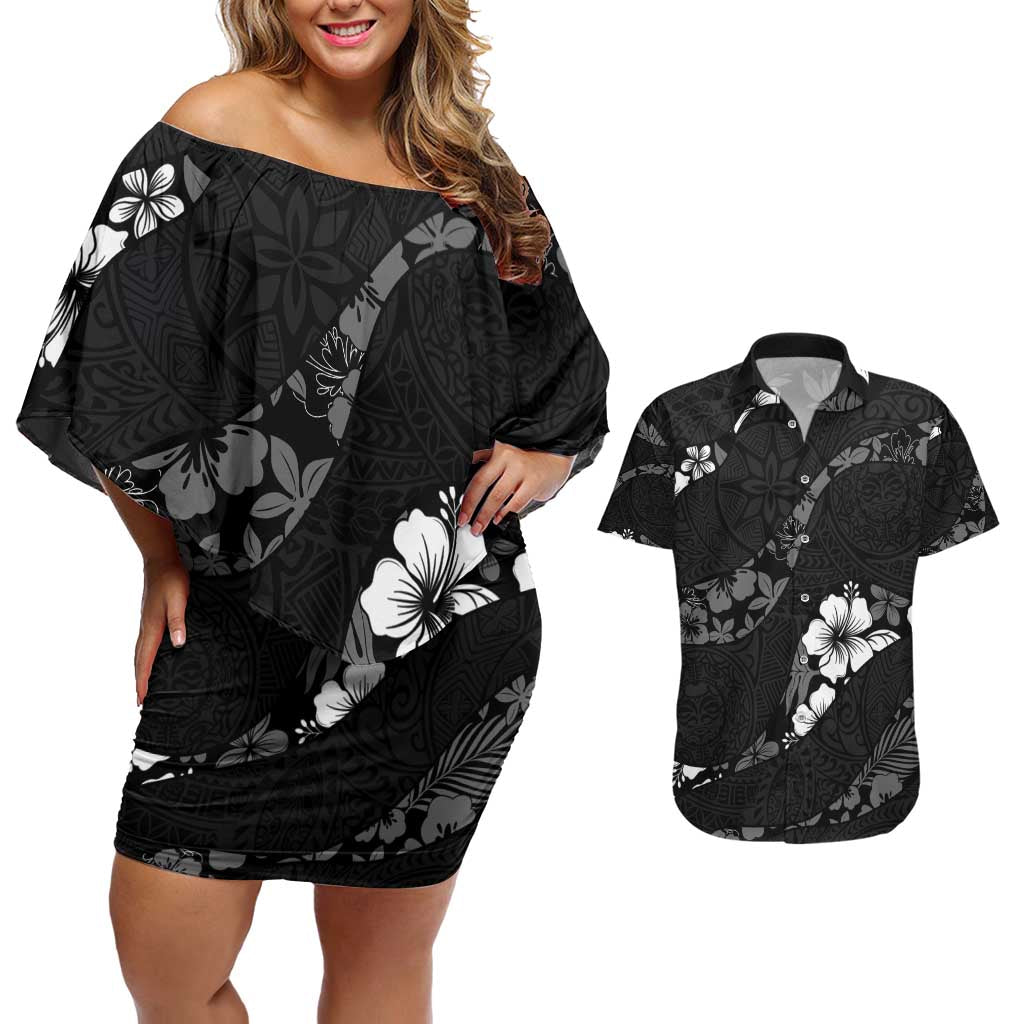 Aloha Hawaii Floral Tapa Couples Matching Off Shoulder Short Dress and Hawaiian Shirt Patchwork Charcoal - Polynesian Pride