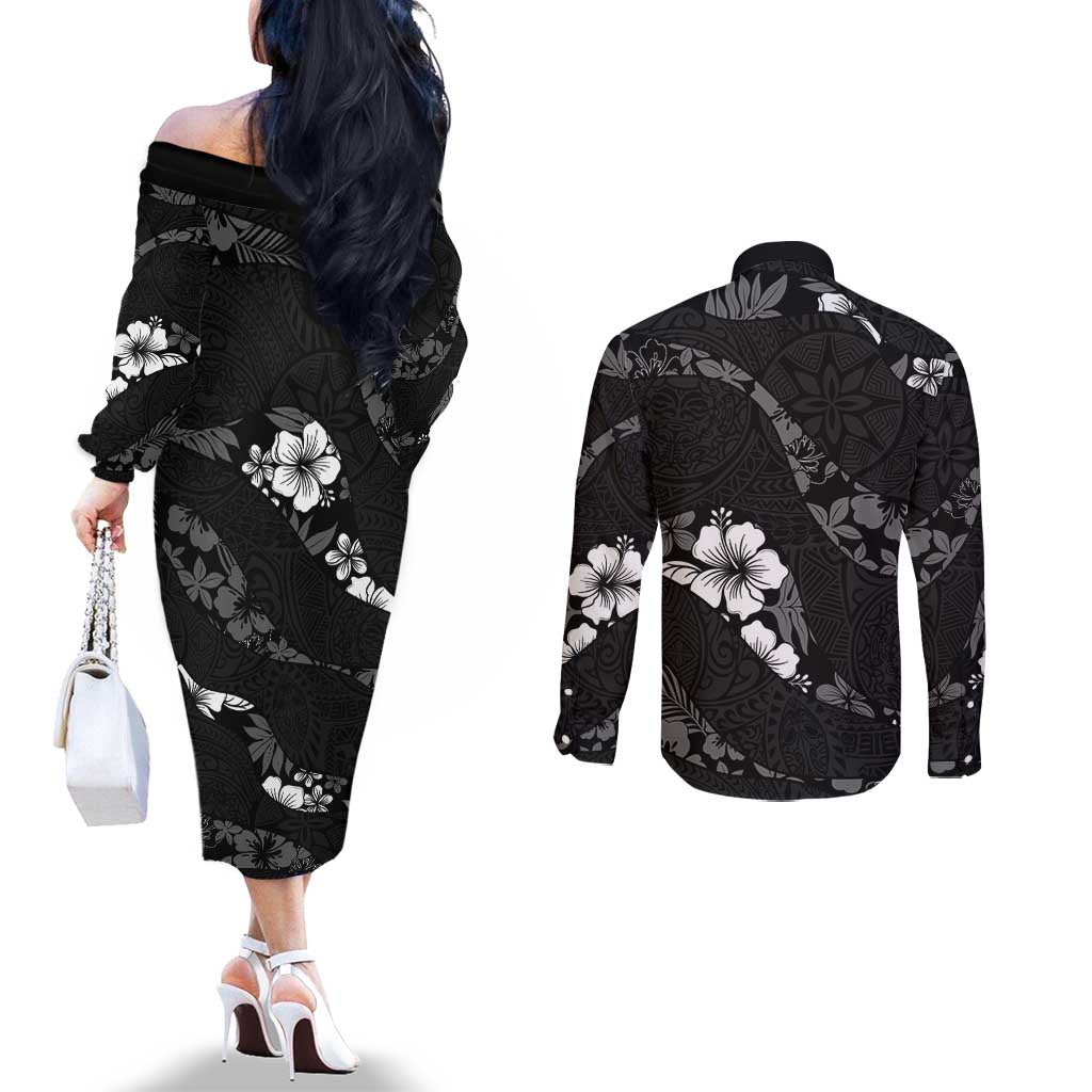 Aloha Hawaii Floral Tapa Couples Matching Off The Shoulder Long Sleeve Dress and Long Sleeve Button Shirt Patchwork Charcoal - Polynesian Pride