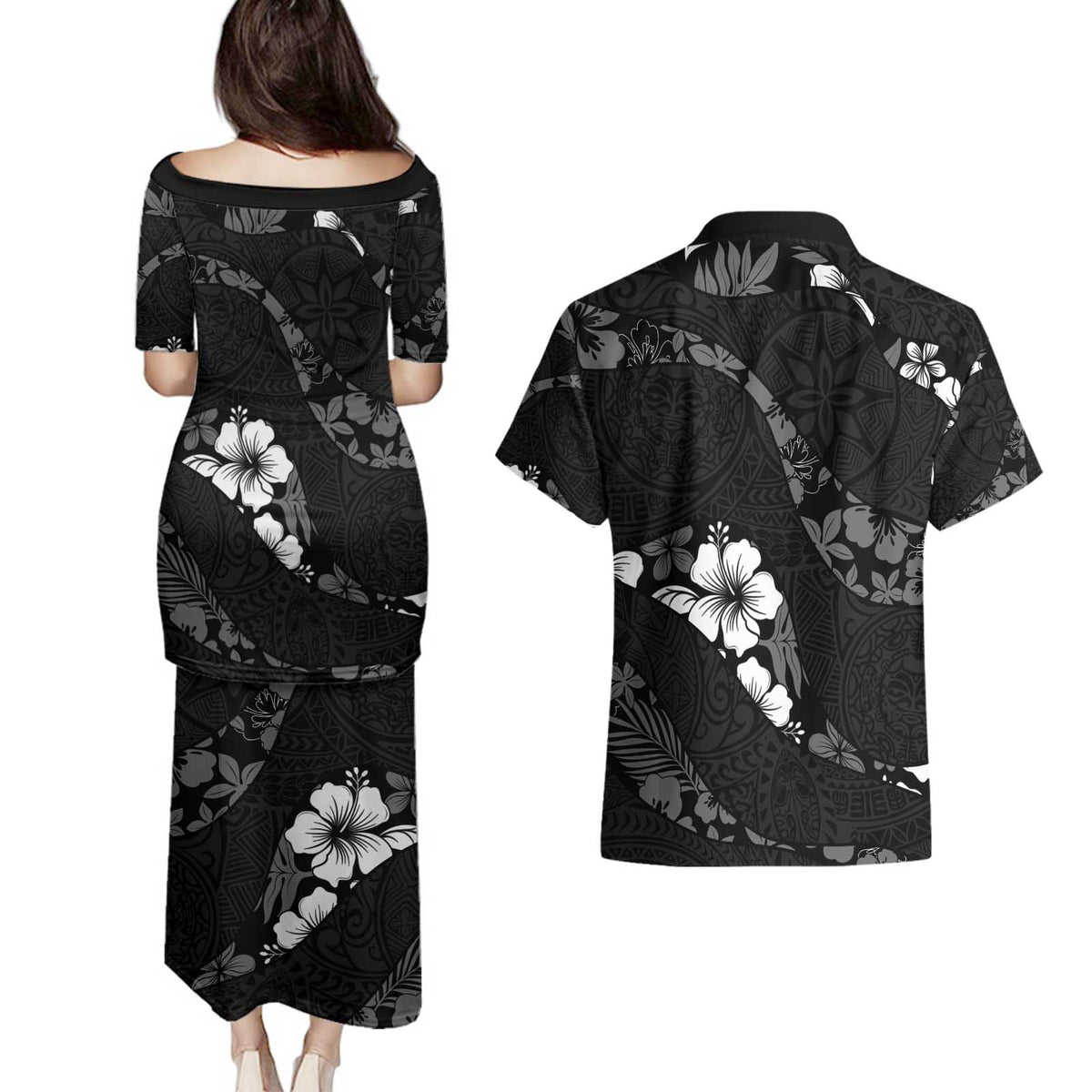 Aloha Hawaii Floral Tapa Couples Matching Puletasi and Hawaiian Shirt Patchwork Charcoal - Polynesian Pride