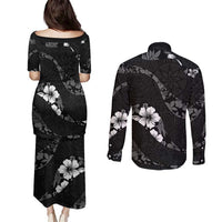 Aloha Hawaii Floral Tapa Couples Matching Puletasi and Long Sleeve Button Shirt Patchwork Charcoal - Polynesian Pride