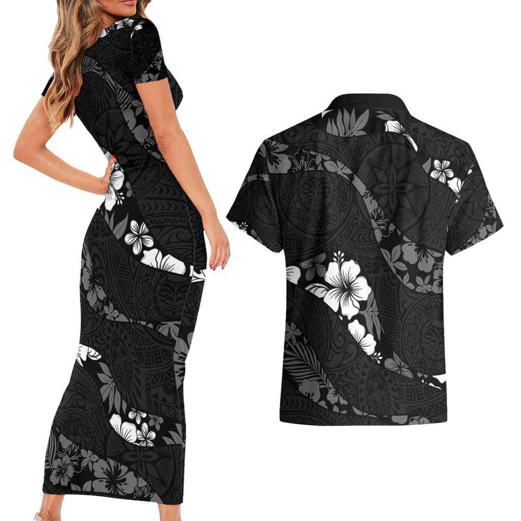 Aloha Hawaii Floral Tapa Couples Matching Short Sleeve Bodycon Dress and Hawaiian Shirt Patchwork Charcoal - Polynesian Pride