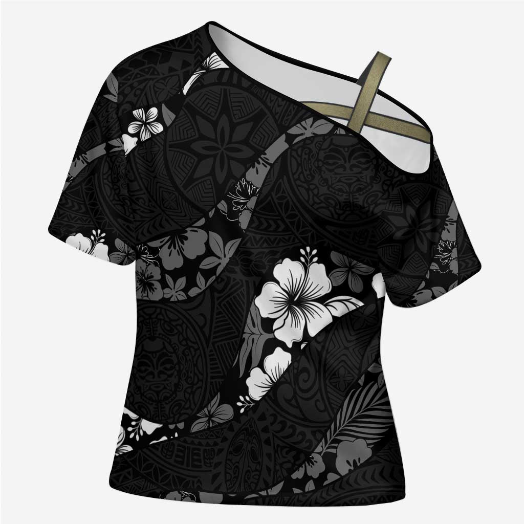 Aloha Hawaii Floral Tapa Cross Shoulder Shirt Patchwork Charcoal - Polynesian Pride