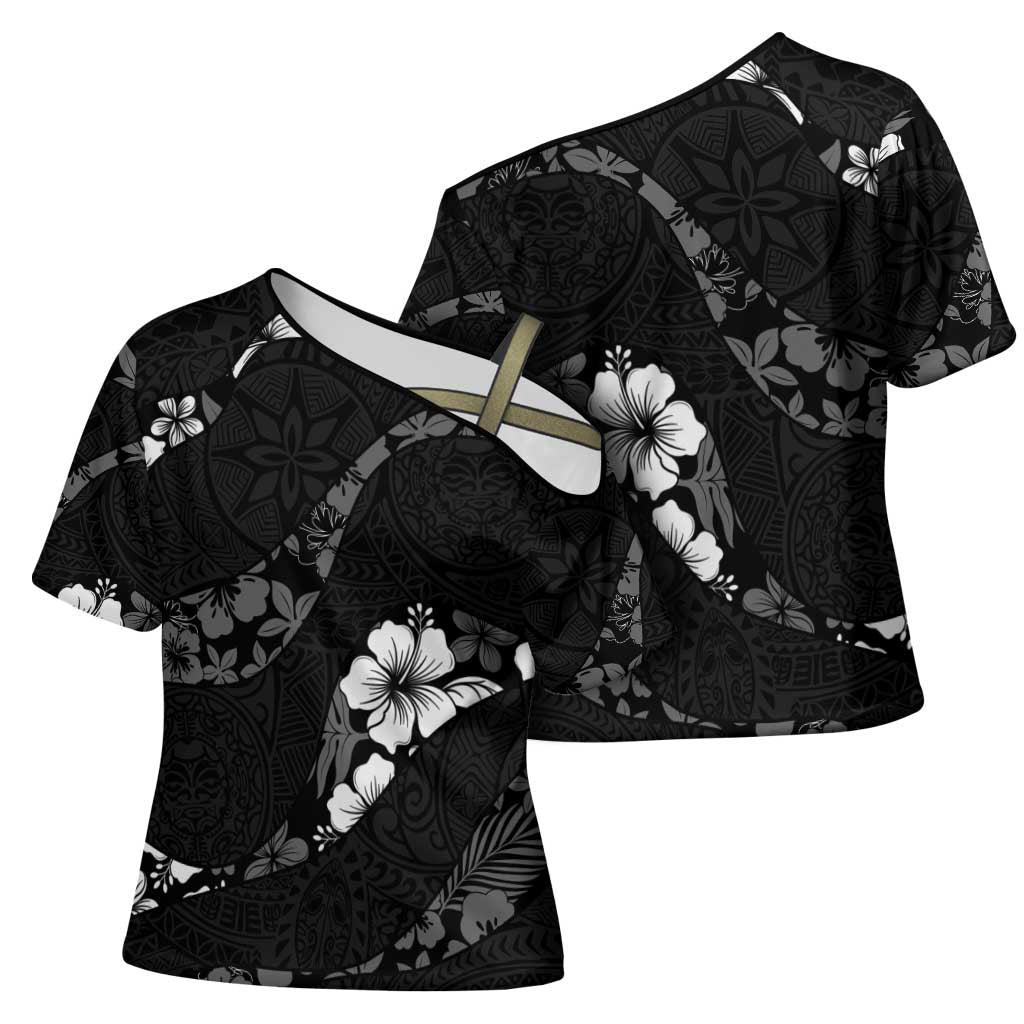 Aloha Hawaii Floral Tapa Cross Shoulder Shirt Patchwork Charcoal - Polynesian Pride