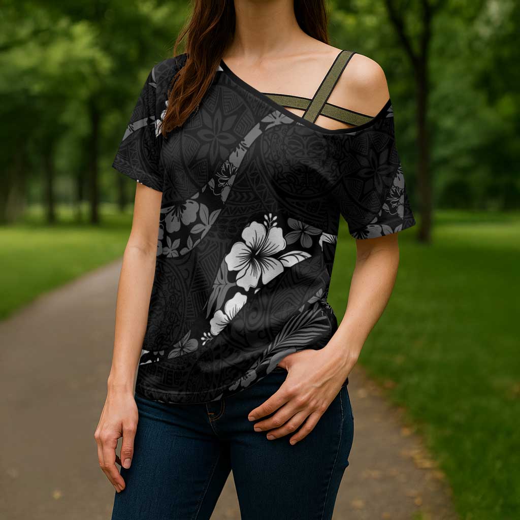 Aloha Hawaii Floral Tapa Cross Shoulder Shirt Patchwork Charcoal - Polynesian Pride