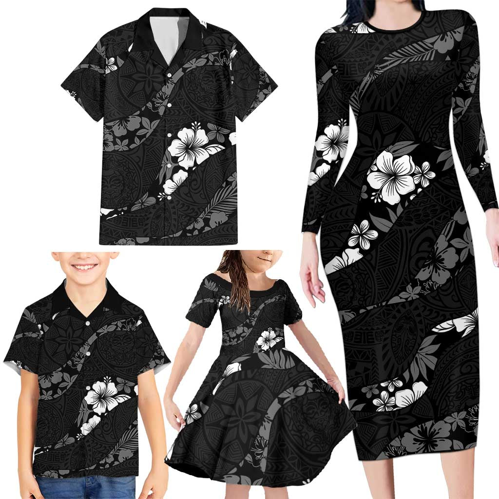 Aloha Hawaii Floral Tapa Family Matching Long Sleeve Bodycon Dress and Hawaiian Shirt Patchwork Charcoal - Polynesian Pride