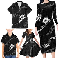 Aloha Hawaii Floral Tapa Family Matching Long Sleeve Bodycon Dress and Hawaiian Shirt Patchwork Charcoal - Polynesian Pride