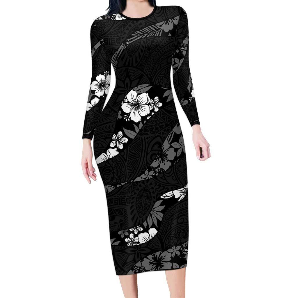 Aloha Hawaii Floral Tapa Family Matching Long Sleeve Bodycon Dress and Hawaiian Shirt Patchwork Charcoal - Polynesian Pride