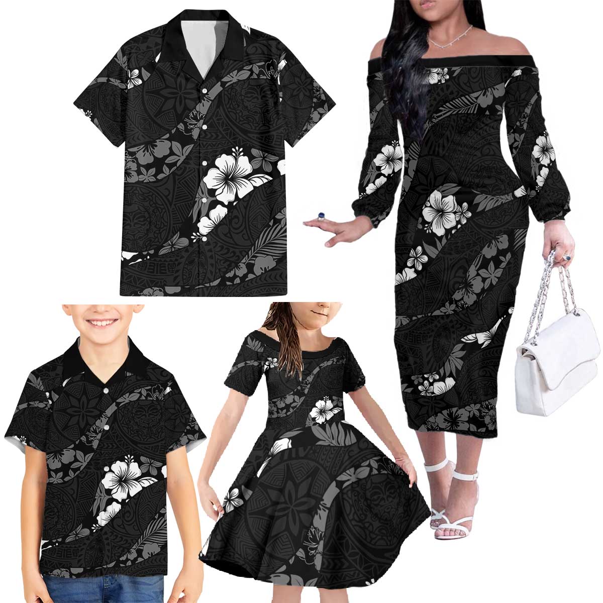 Aloha Hawaii Floral Tapa Family Matching Off The Shoulder Long Sleeve Dress and Hawaiian Shirt Patchwork Charcoal - Polynesian Pride