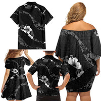 Aloha Hawaii Floral Tapa Family Matching Off Shoulder Short Dress and Hawaiian Shirt Patchwork Charcoal - Polynesian Pride