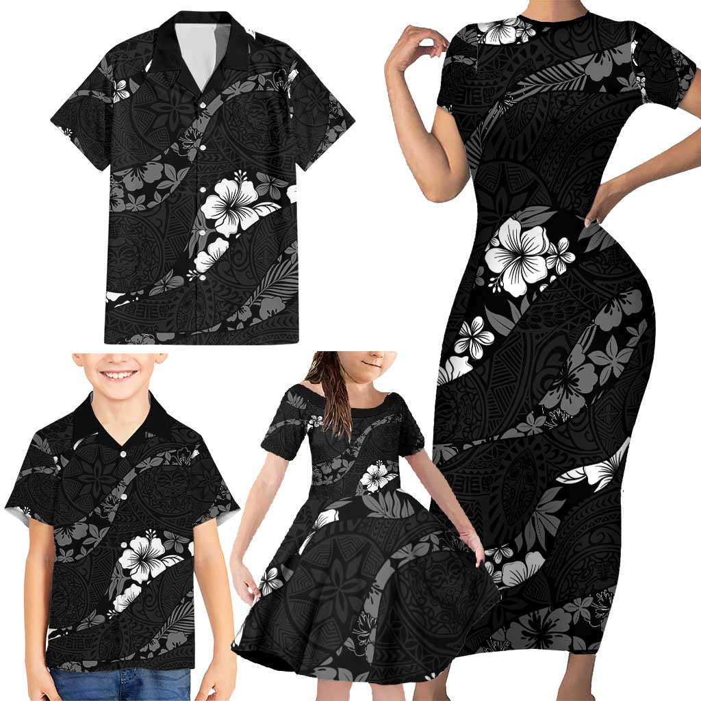 Aloha Hawaii Floral Tapa Family Matching Short Sleeve Bodycon Dress and Hawaiian Shirt Patchwork Charcoal - Polynesian Pride