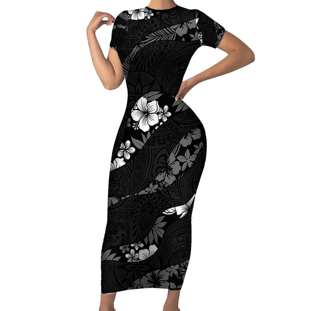 Aloha Hawaii Floral Tapa Family Matching Short Sleeve Bodycon Dress and Hawaiian Shirt Patchwork Charcoal - Polynesian Pride