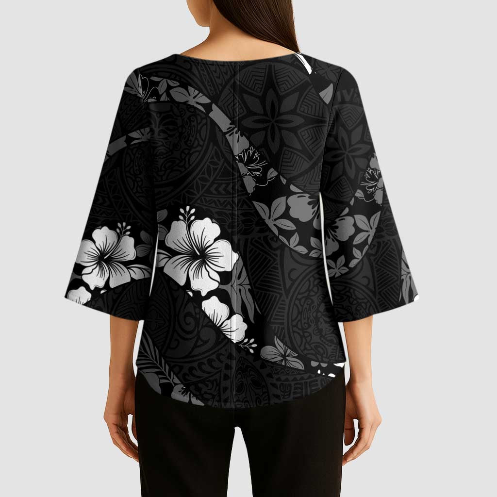 Aloha Hawaii Floral Tapa Kimono Sleeve Blouse Patchwork Charcoal - Polynesian Pride