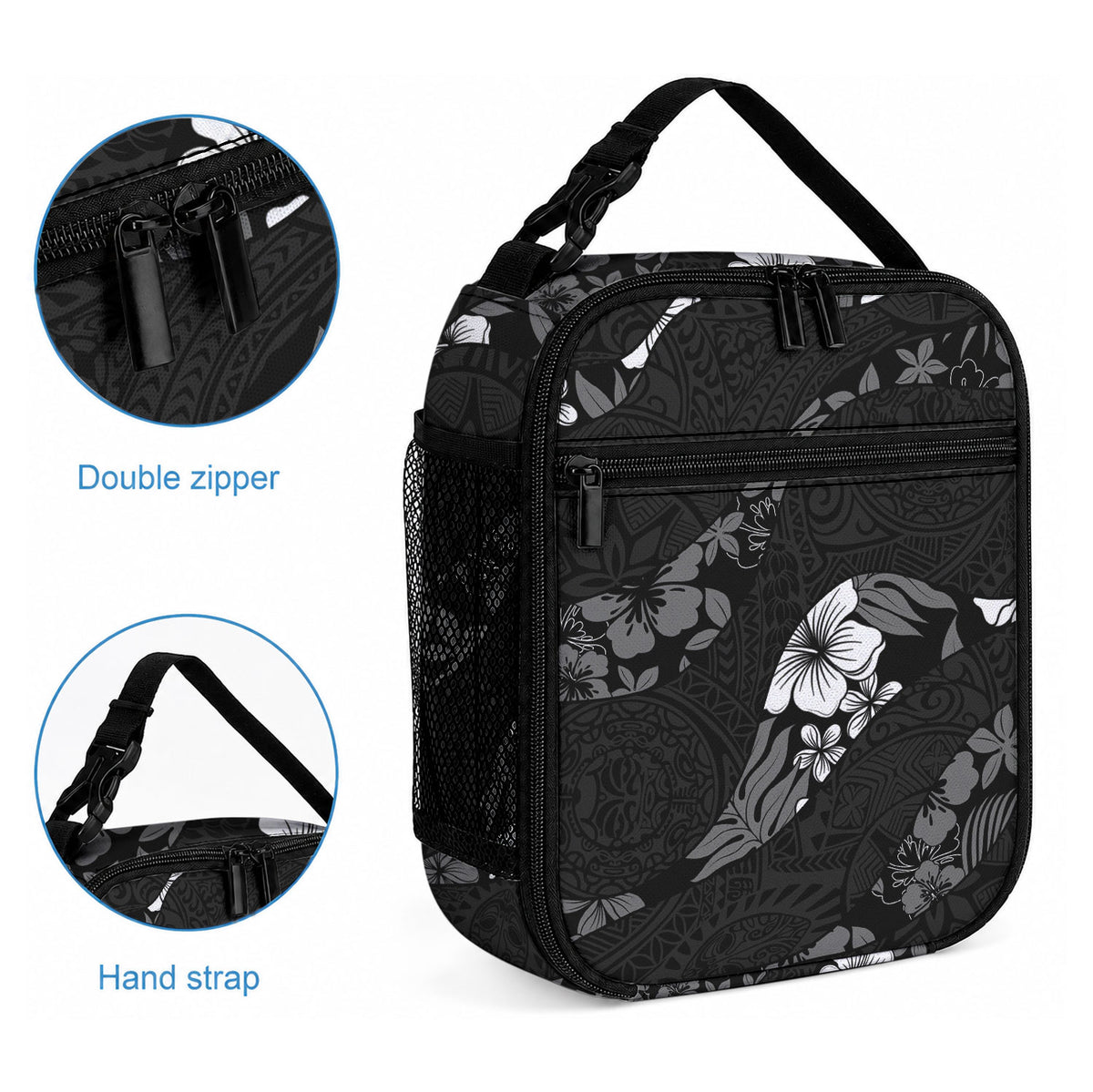 Aloha Hawaii Floral Tapa Lunch Bag Patchwork Charcoal