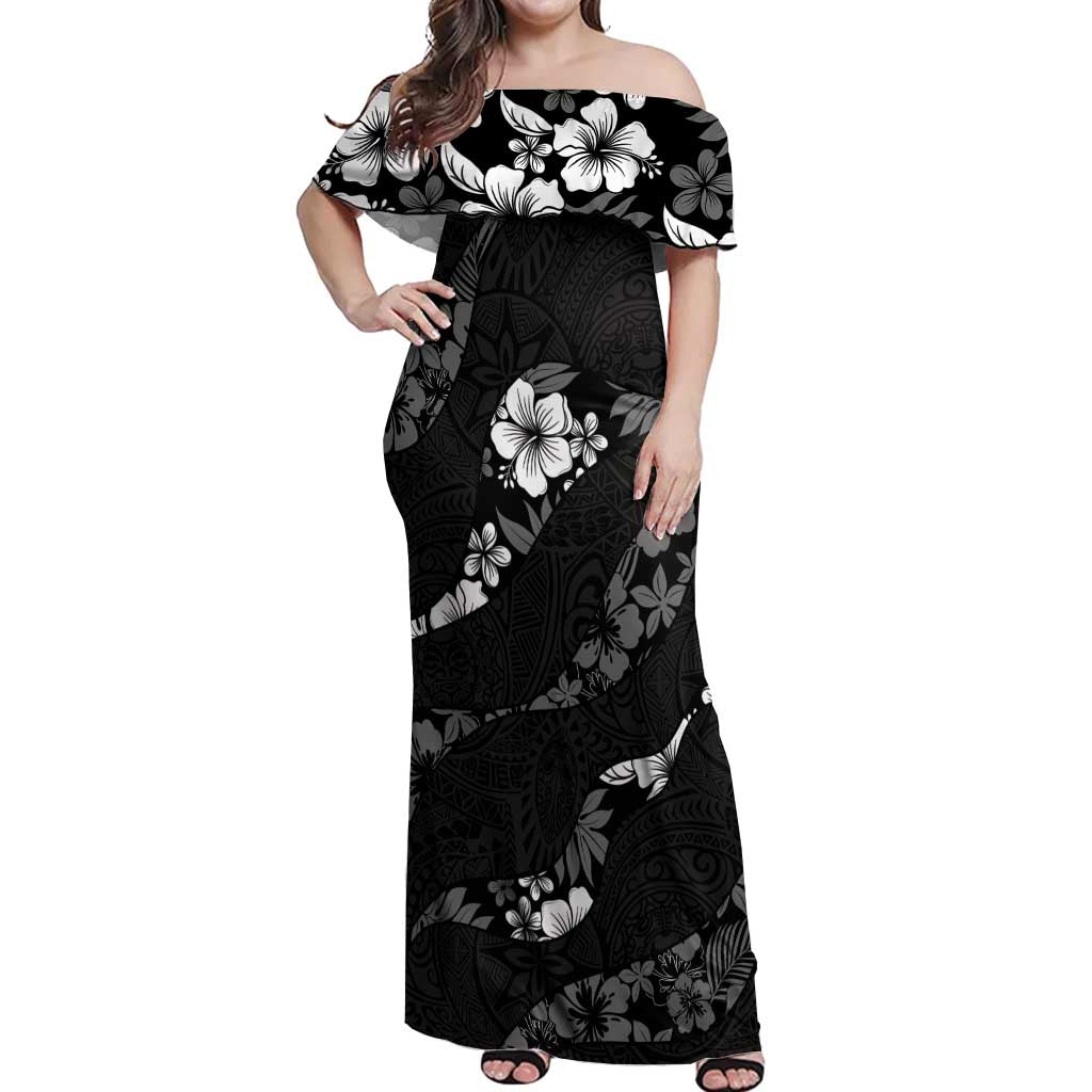 Aloha Hawaii Floral Tapa Off Shoulder Maxi Dress Patchwork Charcoal - Polynesian Pride
