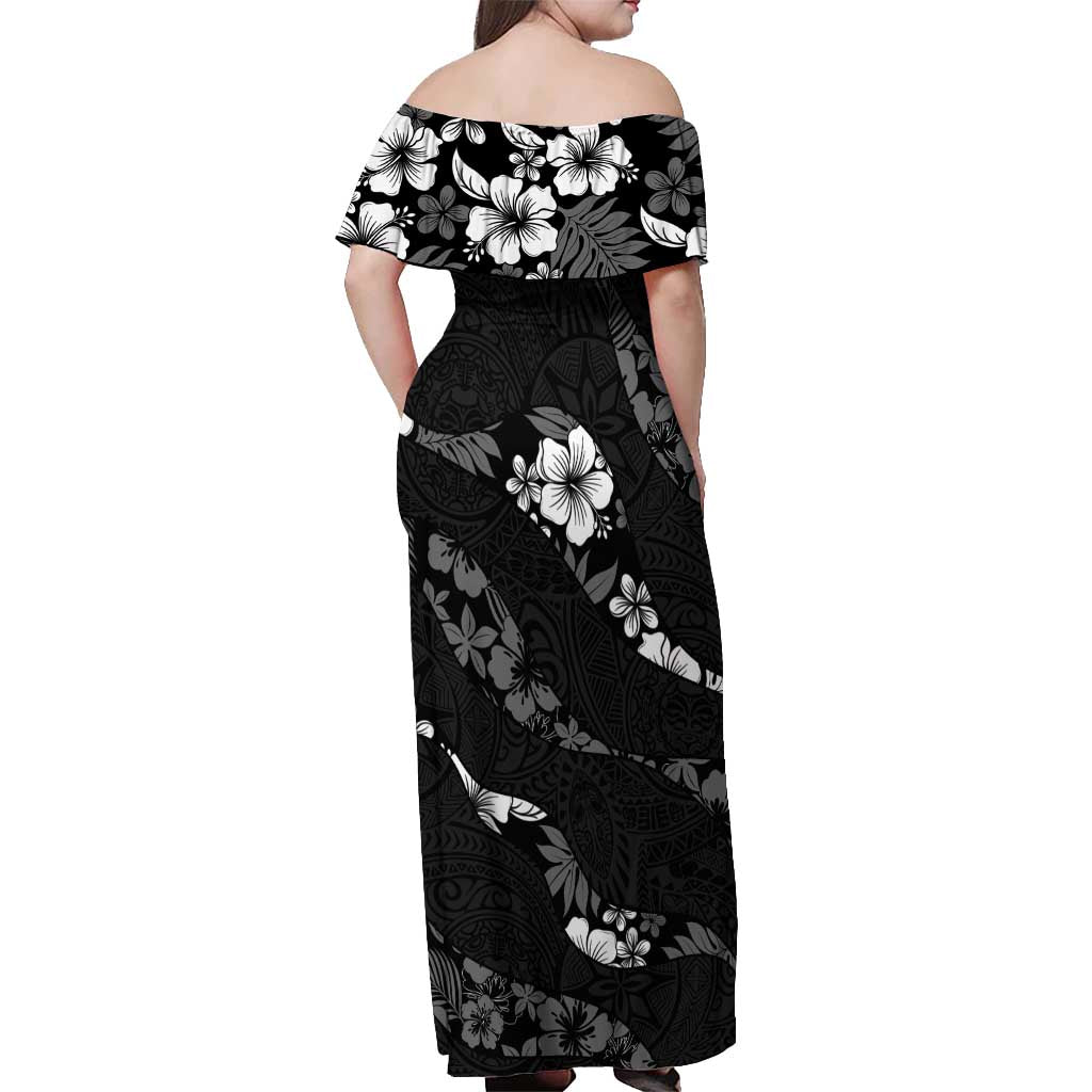 Aloha Hawaii Floral Tapa Off Shoulder Maxi Dress Patchwork Charcoal - Polynesian Pride