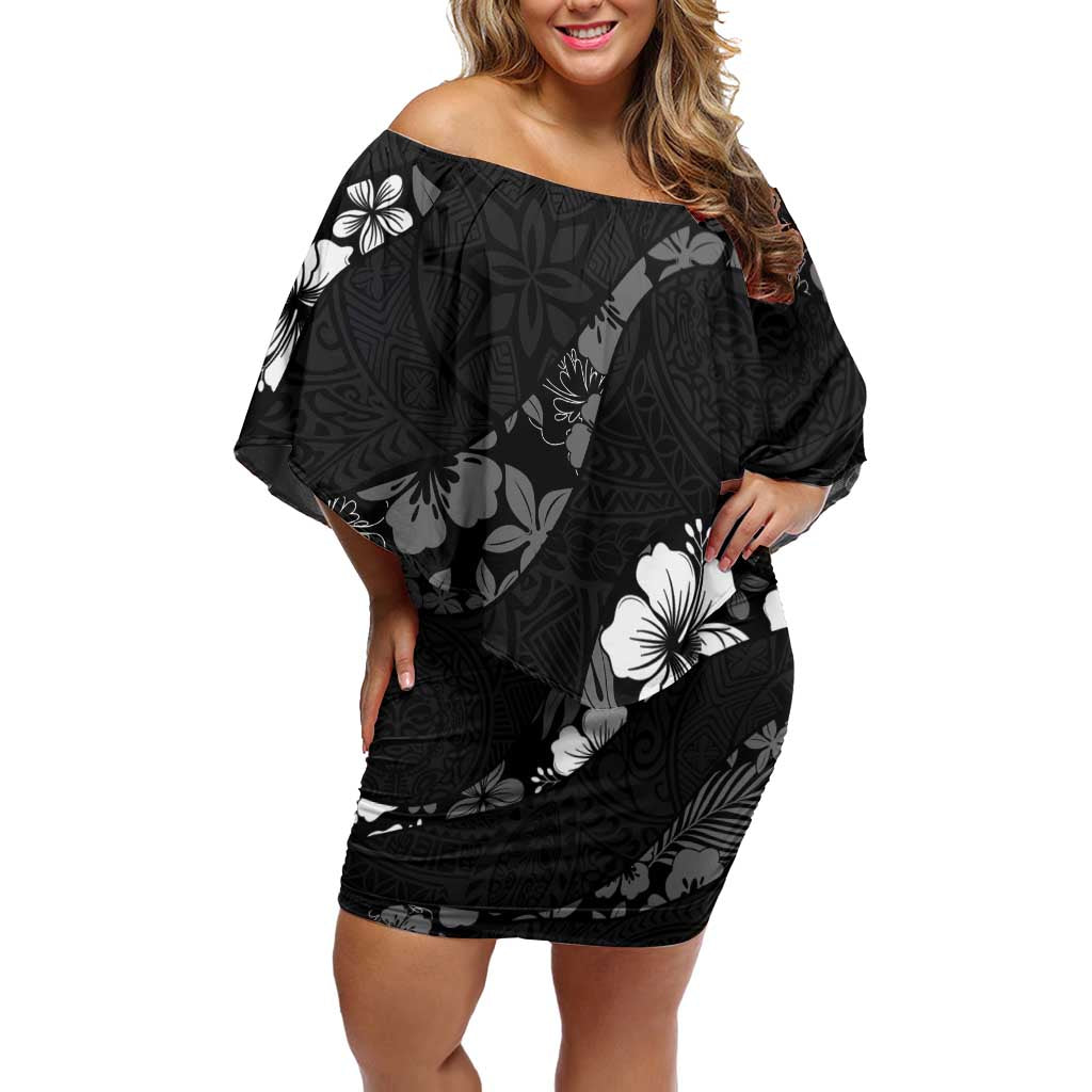 Aloha Hawaii Floral Tapa Off Shoulder Short Dress Patchwork Charcoal - Polynesian Pride