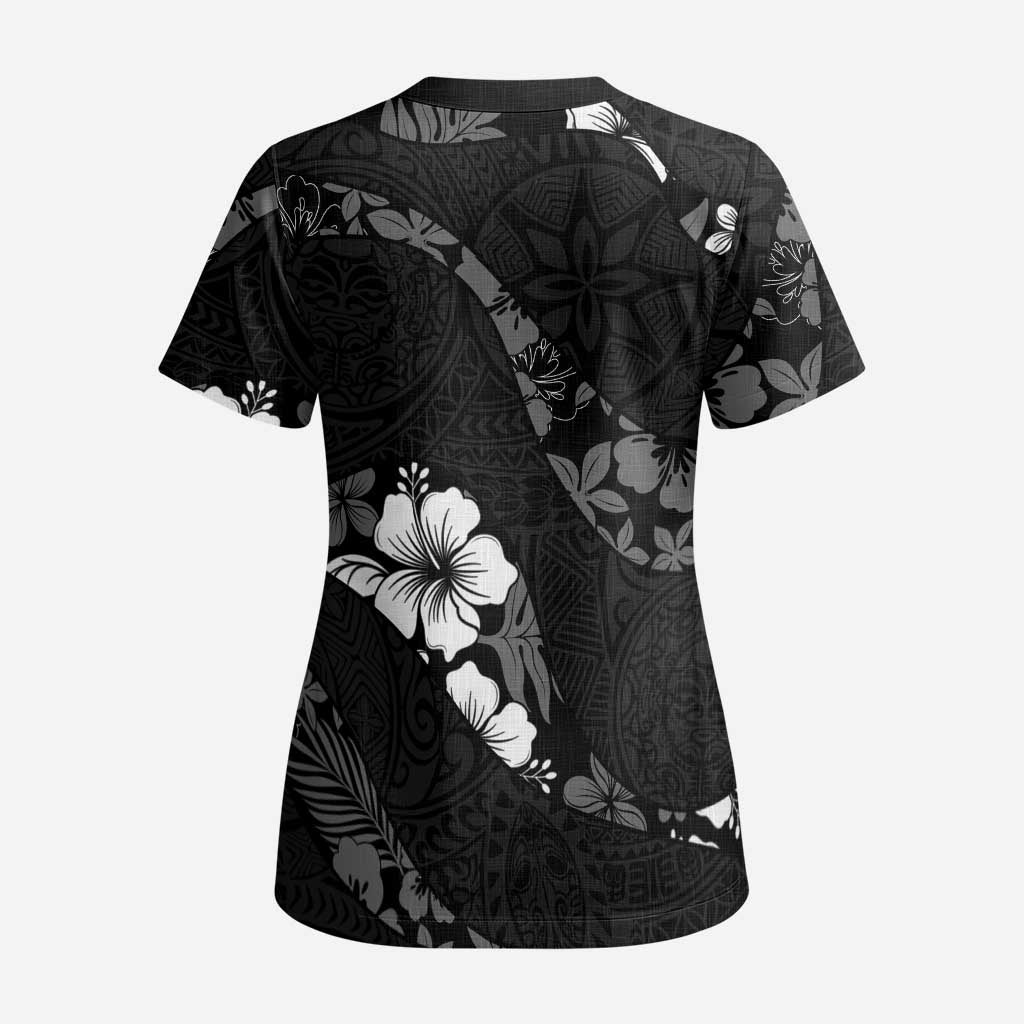 Aloha Hawaii Floral Tapa Scrub Top Patchwork Charcoal - Polynesian Pride