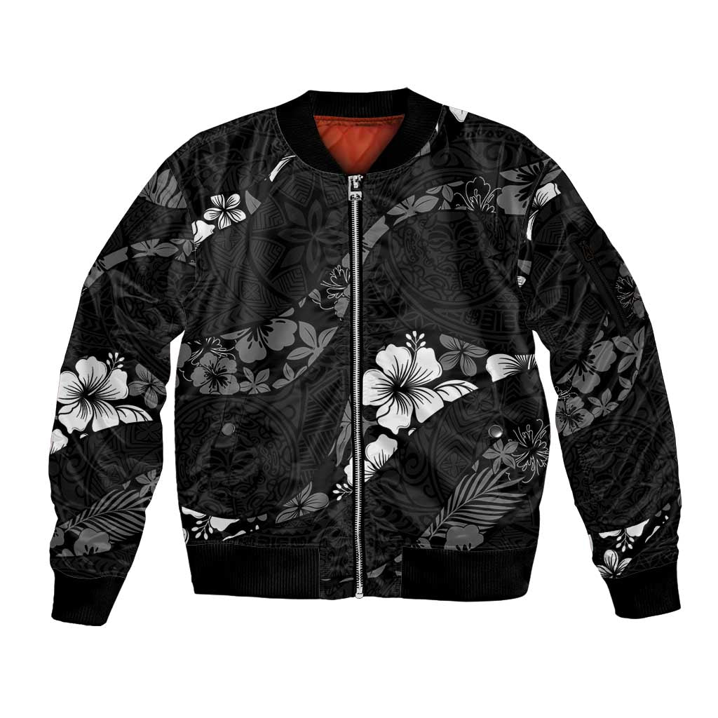 Aloha Hawaii Floral Tapa Sleeve Zip Bomber Jacket Patchwork Charcoal LT7 Unisex Charcoal - Polynesian Pride