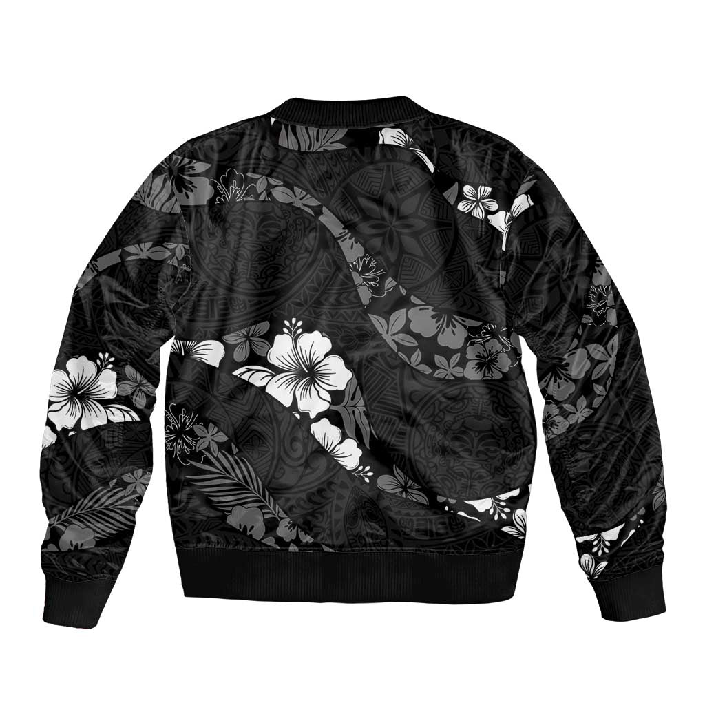 Aloha Hawaii Floral Tapa Sleeve Zip Bomber Jacket Patchwork Charcoal LT7 - Polynesian Pride
