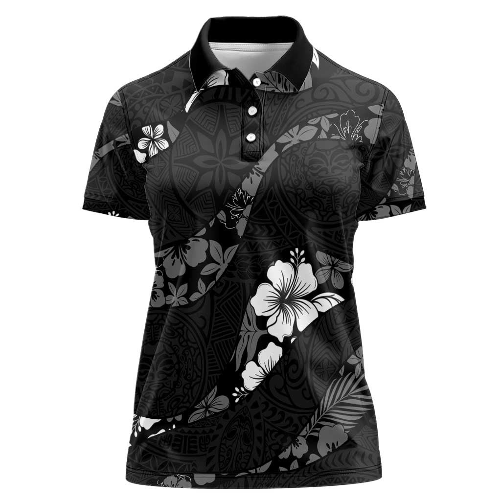 Aloha Hawaii Floral Tapa Women Polo Shirt Patchwork Charcoal - Polynesian Pride