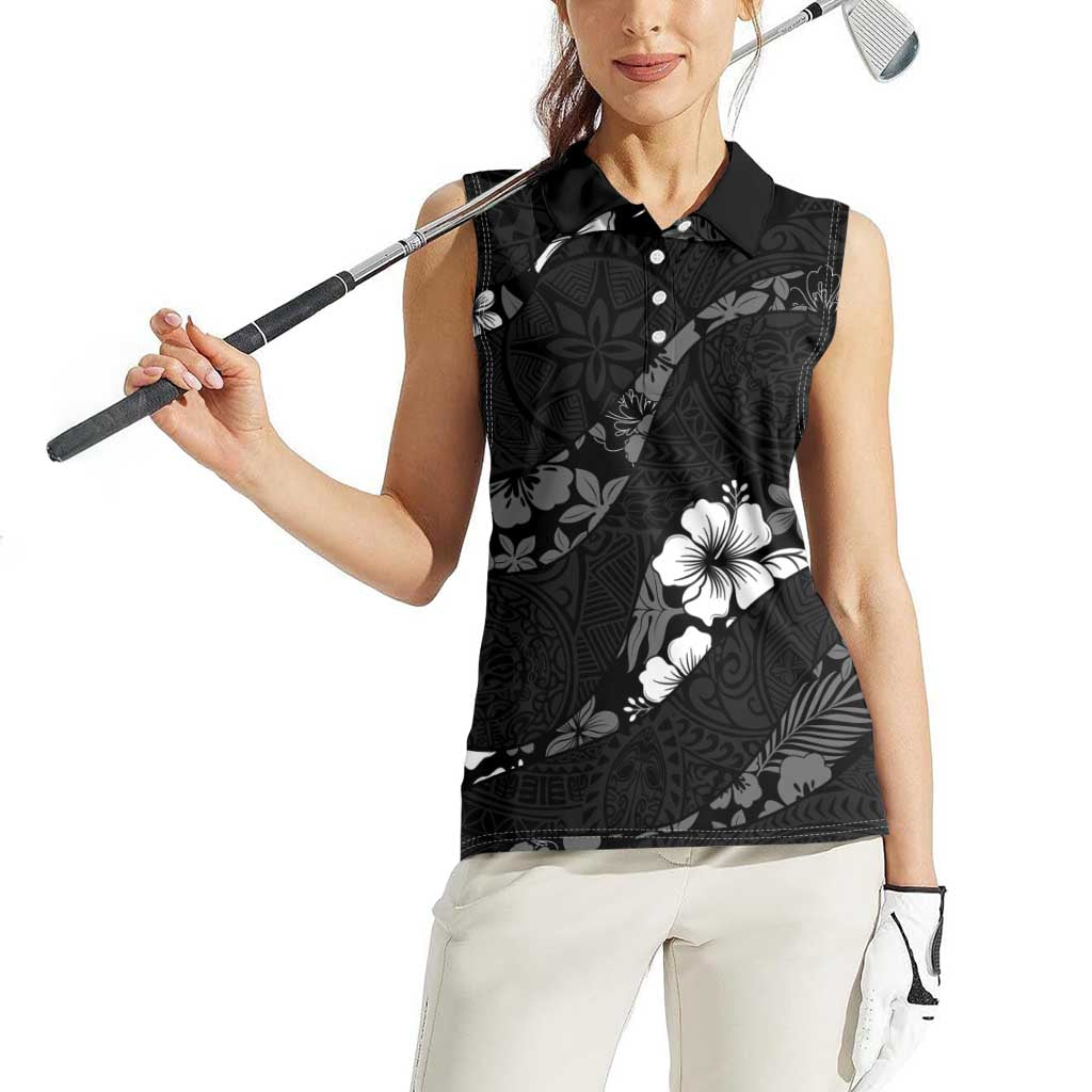 Aloha Hawaii Floral Tapa Women Sleeveless Polo Shirt Patchwork Charcoal - Polynesian Pride