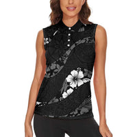 Aloha Hawaii Floral Tapa Women Sleeveless Polo Shirt Patchwork Charcoal - Polynesian Pride