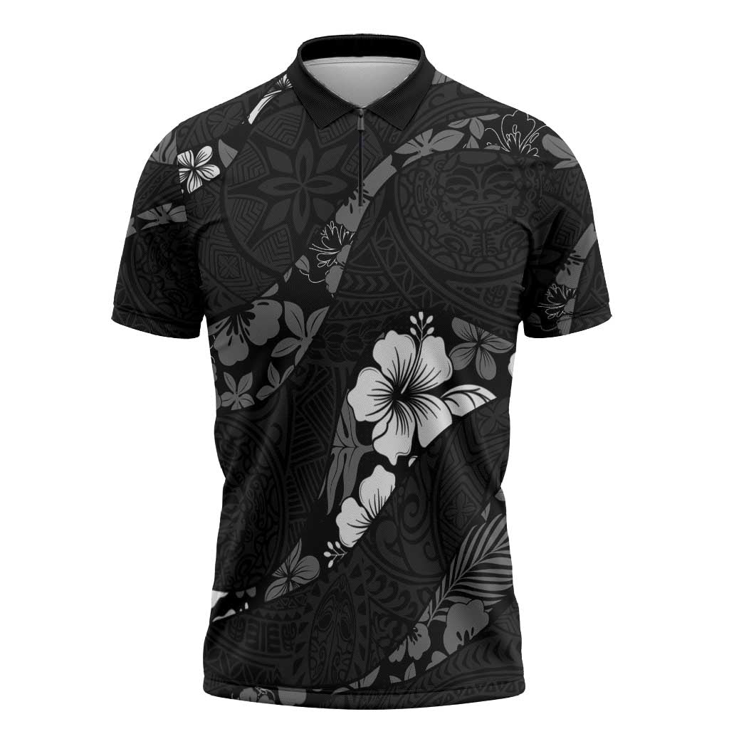 Aloha Hawaii Floral Tapa Zipper Polo Shirt Patchwork Charcoal - Polynesian Pride