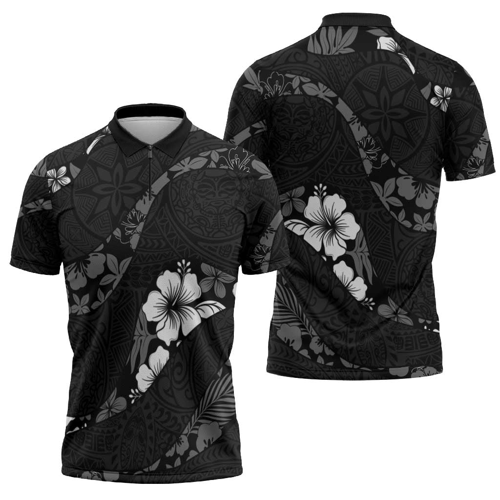 Aloha Hawaii Floral Tapa Zipper Polo Shirt Patchwork Charcoal - Polynesian Pride
