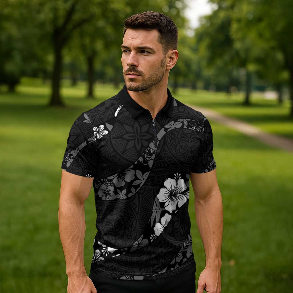 Aloha Hawaii Floral Tapa Zipper Polo Shirt Patchwork Charcoal - Polynesian Pride