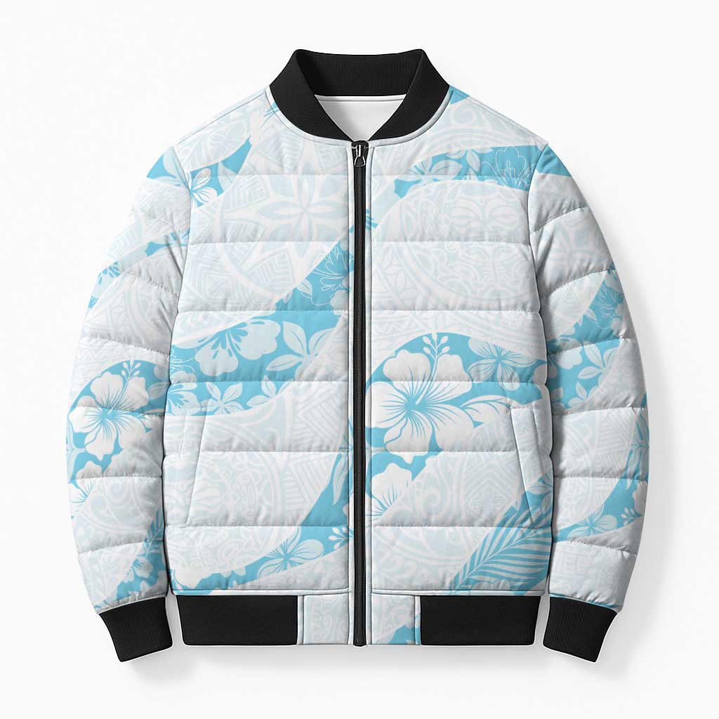 Aloha Hawaii Floral Tapa Bomber Puffer Jacket Patchwork Turquoise - Polynesian Pride