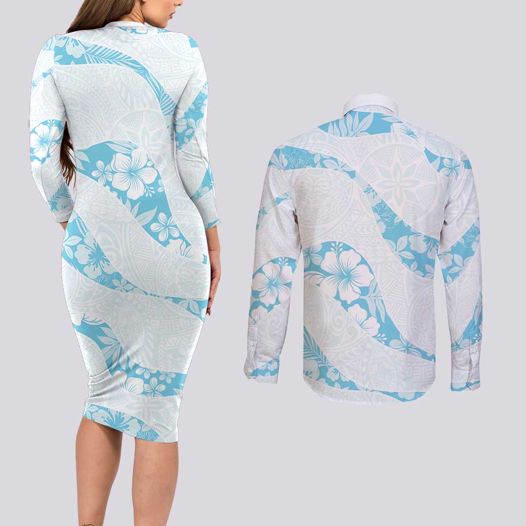 Aloha Hawaii Floral Tapa Couples Matching Long Sleeve Bodycon Dress and Long Sleeve Button Shirt Patchwork Turquoise - Polynesian Pride